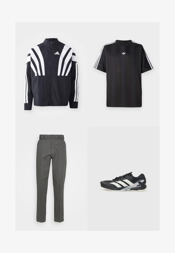 Črna jakna z visokim ovratnikom, popolnim zadrgo in boldnimi belimi diagonalnimi črtami na rokavih. Narejena iz lahkega materiala z gladko teksturo.; Crna majica s kratkimi рукави in belimi трими črtami na ramah ter majhnim belim logotipom na prsih. Gladka tekstura tkanine.; Sive hlače s ravnim krojem, narejene iz gladkega materiala. Imajo pas z zankami za pas in minimalne šive.; Črne atletske čevlje z belimi črtami, mrežastim zgornjim delom, zaobljenim nosom in blaženim podplatom. Imajo teksturiran petni del in varen sistem vezalk.