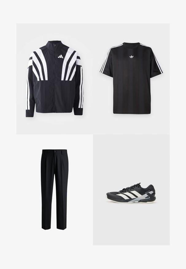 Črna jakna z visokim ovratnikom, popolnim zadrgo in boldnimi belimi diagonalnimi črtami na rokavih. Narejena iz lahkega materiala z gladko teksturo.; Crna majica s kratkimi рукави in belimi трими črtami na ramah ter majhnim belim logotipom na prsih. Gladka tekstura tkanine.; Črne hlače iz gladkega materiala, z naravnim krojem, pregibi spredaj in gumbnim zapenjanjem ter z zankami za pas.; Črne atletske čevlje z belimi črtami, mrežastim zgornjim delom, zaobljenim nosom in blaženim podplatom. Imajo teksturiran petni del in varen sistem vezalk.