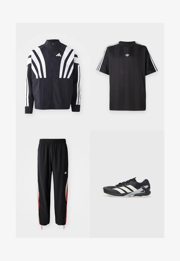 Schwarze Jacke mit hohem Kragen, durchgehendem Reißverschluss und kräftigen weißen diagonalen Streifen an den Ärmeln. Aus leichtem Stoff mit glatter Textur gefertigt.; Schwarzes T-Shirt mit kurzen Ärmeln und weißen drei Streifen an den Schultern sowie einem kleinen weißen Logo auf der Brust. Glatte Stofftextur.; New Balance IN GAME TRACK PANT - Jogginghose - black; Schwarzer Sportschuh mit weißen Streifen, Obermaterial aus Mesh, runde Zehenform und gepolstertem Sohlenteil. Verfügt über eine strukturierte Ferse und ein sicheres Schnürsystem.