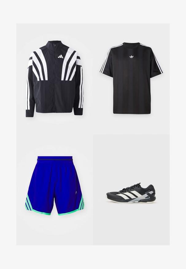 Juodas švarkas su aukštu kaklu, pilnu užtrauktuku ir ryškiomis baltomis įstrižomis juostelėmis ant rankovių. Pagamintas iš lengvos medžiagos su lygiu paviršiumi.; Juodas trumpomis rankovėmis marškinėliai su balta trimis juostelėmis ant pečių ir mažai balta logotipo krūtinėje. Lygus audinio tekstūra.; Mėlynos sportinės šortai su tinklo tekstūra, su žaliais akcentais ir trims baltiems dryžiams kiekvienoje pusėje. Elastingas diržas patogumui.; Juoda sportinė avalynė su baltais dryžiais, tinklinis viršus, apvalus pirštas ir paminkštinta padais. Yra tekstūruota kulno dalis ir saugi raištelių sistema.