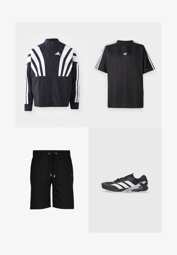 Sort jakke med højt krave, fuld lynlås og iøjnefaldende hvide diagonale striber på ærmerne. Lavet af letvægtsstof med en glat tekstur.; Sort kortærmet t-shirt med hvid tre-stribe detaljer på skuldrene og et lille hvidt logo på brystet. Glat stofstruktur.; Sorte bomulds shorts med snøre i taljen, sølv øjer og subtilt logo detaljer på venstre side. Glat tekstur og knælangt snit.; Sort sportsko med hvide striber, mesh-overdel, rund tå og dæmpet sål. Har en tekstureret hæl og et sikkert snøresystem.