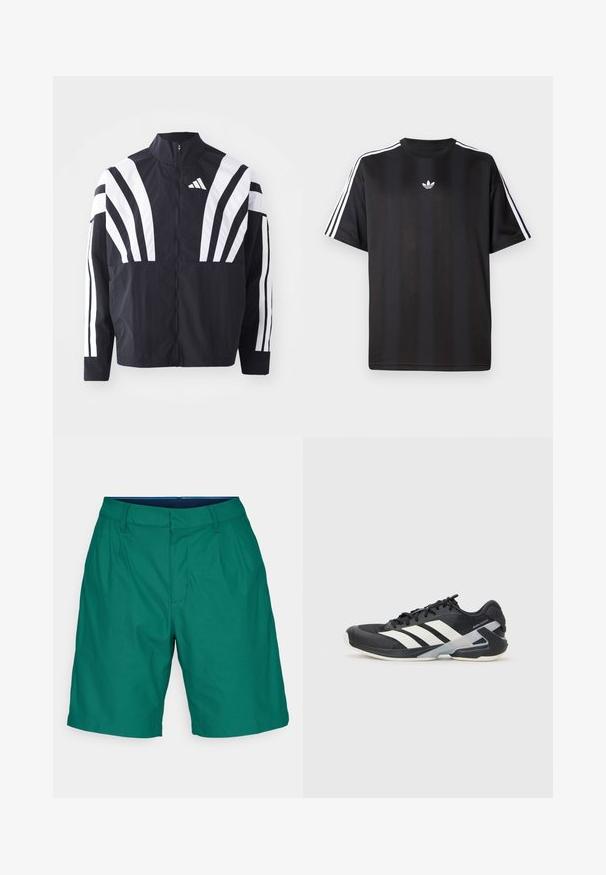 Črna jakna z visokim ovratnikom, popolnim zadrgo in boldnimi belimi diagonalnimi črtami na rokavih. Narejena iz lahkega materiala z gladko teksturo.; Crna majica s kratkimi рукави in belimi трими črtami na ramah ter majhnim belim logotipom na prsih. Gladka tekstura tkanine.; Zelene kratke hlače iz gladkega materiala, z ravnim sprednjim delom, dvema sprednjima žepoma in klasičnim krojem s pravimi hlačnicami.; Črne atletske čevlje z belimi črtami, mrežastim zgornjim delom, zaobljenim nosom in blaženim podplatom. Imajo teksturiran petni del in varen sistem vezalk.