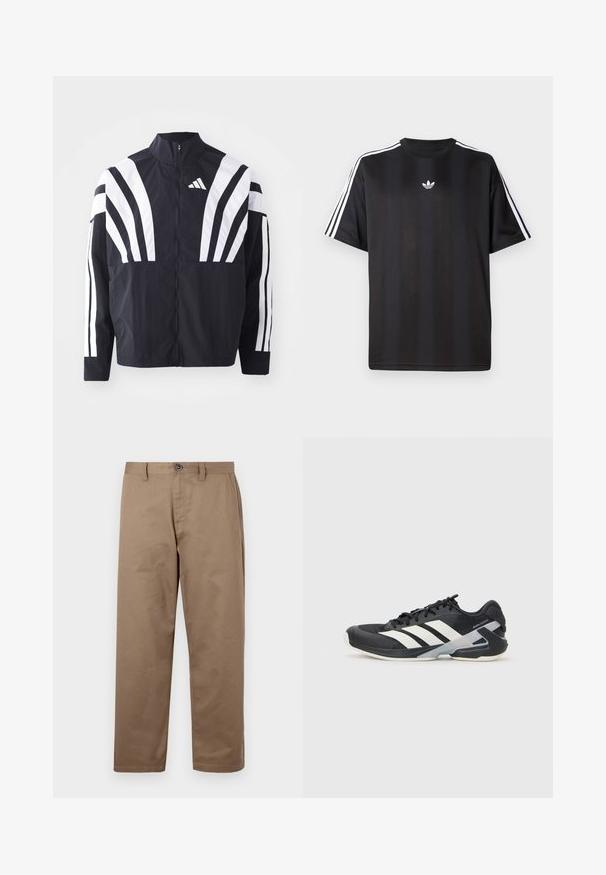 Schwarze Jacke mit hohem Kragen, durchgehendem Reißverschluss und kräftigen weißen diagonalen Streifen an den Ärmeln. Aus leichtem Stoff mit glatter Textur gefertigt.; Schwarzes T-Shirt mit kurzen Ärmeln und weißen drei Streifen an den Schultern sowie einem kleinen weißen Logo auf der Brust. Glatte Stofftextur.; Braune Baumwollhosen mit geradem Schnitt, ausgestattet mit einem Knopfverschluss, Seitentaschen und einer glatten Textur. Keine sichtbaren Muster oder Akzente.; Schwarzer Sportschuh mit weißen Streifen, Obermaterial aus Mesh, runde Zehenform und gepolstertem Sohlenteil. Verfügt über eine strukturierte Ferse und ein sicheres Schnürsystem.