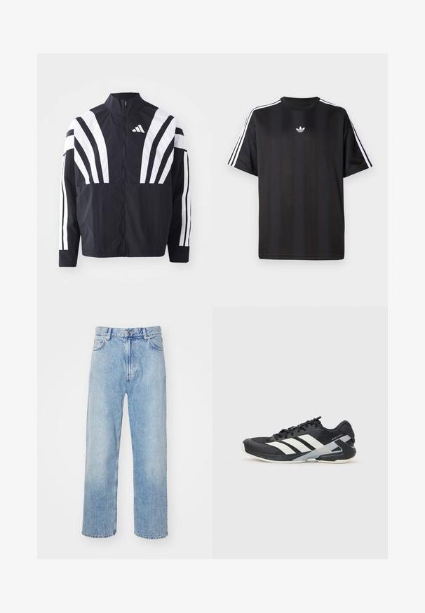 Čierna bunda s vysokým golierom, plným zipsom a výraznými bielymi diagonálnymi pruhmi na rukávoch. Vyrobená z ľahkého materiálu s hladkou textúrou.; Čierne tričko s krátkym rukávom a bielymi trojpruhmi na pleciach a malým bielym logom na hrudi. Hladká textúra látky.; Svetlo modré denimové džínsy s rovnými nohavicami, zdobené kontrastným prešívaním, piatimi vreckami a klasickým zapínaním na gombíky.; Čierna športová obuv s bielymi pruhmi, sieťovinový zvršok, zaoblená špička a polstrovaná podrážka. Obsahuje štruktúrovaný opätok a bezpečný systém šnurovania.