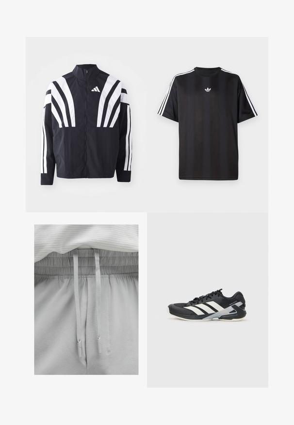 Jachetă neagră cu guler înalt, fermoar complet și dungi diagonale albe îndrăznețe pe mâneci. Fabricată dintr-un material ușor, cu o textură netedă.; Tricou negru cu mânecă scurtă, cu detalii albe cu trei dungi pe umeri și un mic logo alb pe piept. Textură de țesătură netedă.; Pantaloni de trening gri deschis cu talie elastică și șnururi. Material moale cu o textură netedă, având o croială lejeră și detalii simple.; Pantofii sport negri cu dungi albe, superior din plasă, vârf rotunjit și talpă îmbunătățită pentru amortizare. Au o călcătură texturată și un sistem de șireturi securizat.