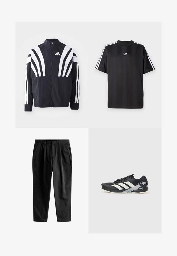 Černá bunda s vysokým límcem, plným zipem a výraznými bílými šikmými pruhy na rukávech. Vyrobena z lehké látky s hladkou texturou.; Černé tričko s krátkým rukávem s bílými třemi pruhy na ramenou a malým bílým logem na hrudi. Hladká textilie.; Černé kalhoty vyrobené z hladké tkaniny, s přiléhavým střihem, s předními záhyby a klasickým páskem s poutky na opasek.; Černá sportovní obuv s bílými pruhy, síťovaným svrškem, zaoblenou špičkou a polstrovanou podrážkou. Obsahuje texturovanou patu a bezpečný systém šněrování.