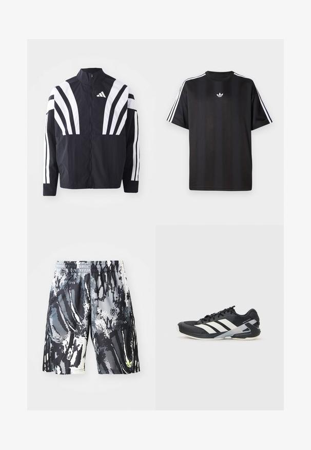 Mustrün mustaga, kõrge krae, täispikk tõmblukk ja julged valged diagonaalsed triibud varrukatel. Valmistatud kergest kangast, millel on sile tekstuur.; Must t-särk lühikeste varrukatega musta värviga, millel on valged kolmerealised detailid õlgadel ja väike valge logo rinnal. Sile kangas.; Mustasilmade ja halli mustritega spordilühikesed püksid, millel on elastne vöökoht, digitaalne abstraktne disain ja väike neoonaktsent.; Mustad sportlik jalanõud mustade värvidega, valgete triipudega, võrgusilma pealmine osa, ümar varvas ja pehme tallaga. Omab tekstureeritud kontsa ja kindlat paeltesüsteemi.