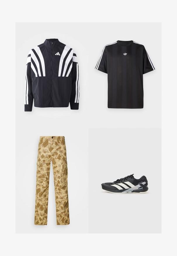 Jachetă neagră cu guler înalt, fermoar complet și dungi diagonale albe îndrăznețe pe mâneci. Fabricată dintr-un material ușor, cu o textură netedă.; Tricou negru cu mânecă scurtă, cu detalii albe cu trei dungi pe umeri și un mic logo alb pe piept. Textură de țesătură netedă.; Pantaloni cargo bej cu un model de camuflaj de culoare maro deschis, având două buzunare laterale și un design cu picior drept. Țesătură texturată cu dungi subtile.; Pantofii sport negri cu dungi albe, superior din plasă, vârf rotunjit și talpă îmbunătățită pentru amortizare. Au o călcătură texturată și un sistem de șireturi securizat.