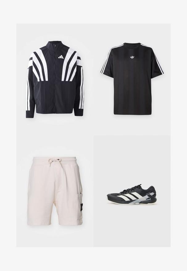 Black jacket featuring a high collar, full zip, and bold white diagonal stripes on sleeves. Made from lightweight fabric with a smooth texture.; Black short-sleeve t-shirt with white three-stripe detailing on shoulders and a small white logo on the chest. Smooth fabric texture.; Light beige cotton shorts with an elastic waistband, drawstring, side pockets, and a notable black patch label on the side.; Black athletic shoe with white stripes, mesh upper, rounded toe, and cushioned sole. Features a textured heel and secure lacing system.