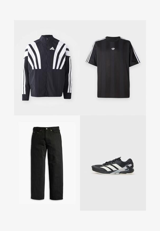 Svart jakke med høy krage, hel glidelås og markante hvite skråstriper på ermene. Laget av lett stoff med en glatt tekstur.; Svart t-skjorte med kort erm og hvite tre-stripes detaljer på skuldrene og en liten hvit logo på brystet. Mjuk stofftekstur.; Svarte denimjeans med en avslappet passform, med fem lommer og kobbernitter, flat midje og rette ben, glatt tekstur.; Svart treningssko med hvite striper, mesh-overdel, avrundet tå og polstret såle. Har en teksturert hæl og et sikkert snøresystem.