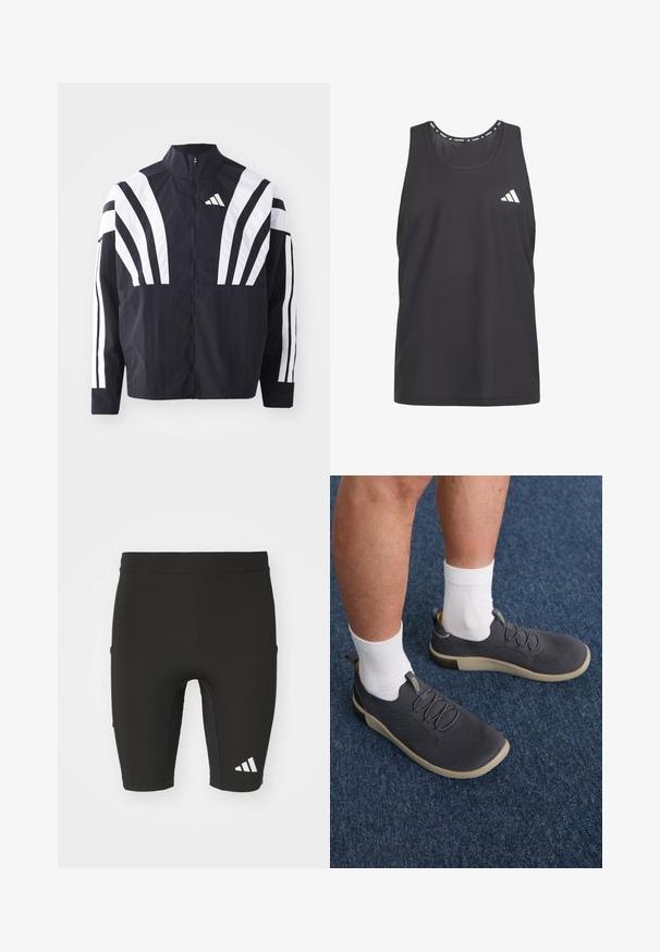 Schwarze Jacke mit hohem Kragen, durchgehendem Reißverschluss und kräftigen weißen diagonalen Streifen an den Ärmeln. Aus leichtem Stoff mit glatter Textur gefertigt.; Schwarzes Sporttanktop aus atmungsaktiven Meshmaterial, mit rundem Ausschnitt und weißem Adidas-Logo auf der linken Brust.; Schwarze Sportshorts mit figurbetontem Design, aus dehnbarem Stoff gefertigt. Verfügt über drei Taschen und ein weißes Adidas-Logo an der Unterschenkelseite.; Dunkelgraue Textilsneaker mit einem atmungsaktiven Obermaterial, elastischen Schnürsenkeln und einer leichten Gummisohle. Getragen mit weißen Kniestrümpfen auf einem blauen Teppich.