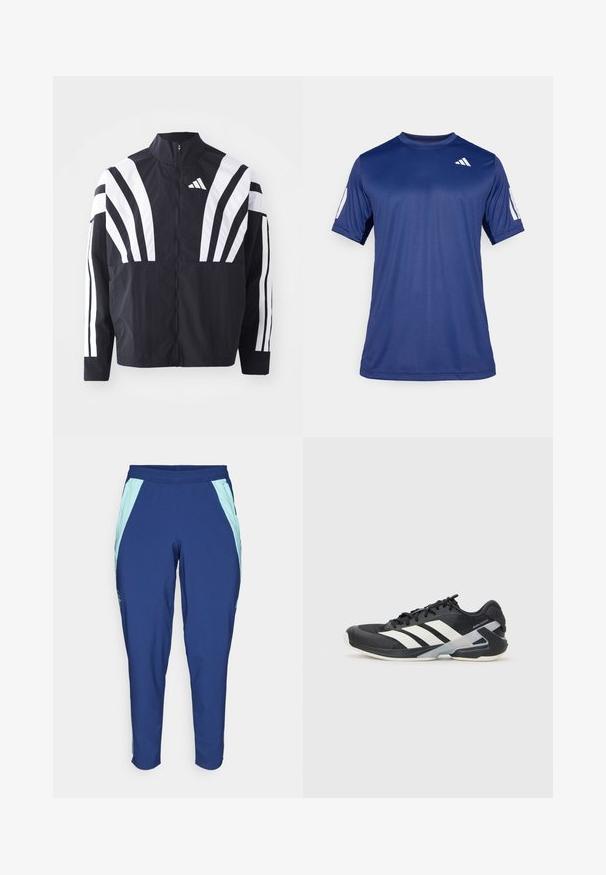 Crna jakna s visokim ovratnikom, punim patentnim zatvaračem i hrabrim bijelim dijagonalnim prugama na rukavima. Izrađena je od lagane tkanine s glatkom teksturom.; Temno plava kratka majica s kratkim rukavima za sport, izrađena od glatkog materijala, sa okruglim izrezom i bijelim logotipom na gornjem lijevom dijelu grudi.; adidas Performance ARSENAL FC 24/25 TIRO24 PRESENTATION - Klupska odjeća - night sky; Crne atletske cipele s bijelim prugama, mrežasta gornja strana, zaobljeni prst i podstavljeni đon. Imaju teksturiranu petu i siguran sustav vezivanja.
