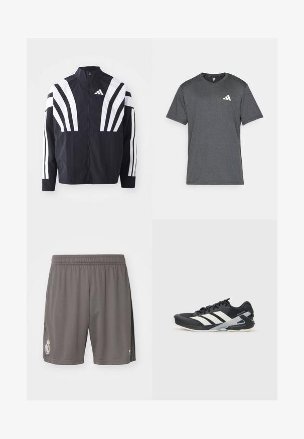 Schwarze Jacke mit hohem Kragen, durchgehendem Reißverschluss und kräftigen weißen diagonalen Streifen an den Ärmeln. Aus leichtem Stoff mit glatter Textur gefertigt.; Dunkelgraues Sport-T-Shirt aus atmungsaktivem Material, mit kurzen Ärmeln und einem weißen Logoakzent auf der linken Brust. Strukturierte Oberfläche.; adidas Performance REAL MADRID 3RD SHORT - Vereinsmannschaften - charcoal; Schwarzer Sportschuh mit weißen Streifen, Obermaterial aus Mesh, runde Zehenform und gepolstertem Sohlenteil. Verfügt über eine strukturierte Ferse und ein sicheres Schnürsystem.