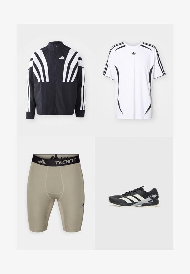 Giacca nera con colletto alto, zip completa e audaci strisce diagonali bianche sulle maniche. Realizzata in tessuto leggero con una texture morbida.; T-shirt bianco a maniche corte con dettagli neri ai lati e tre strisce nere sulle spalle. Include un piccolo logo nero sul petto.; adidas Performance BASE SHORT - Leggings - silver pebble; Scarpa sportiva nera con strisce bianche, tomaia in rete, punta arrotondata e suola ammortizzata. Presenta un tallone testurizzato e un sistema di allacciatura sicuro.