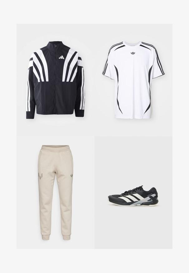 Juodas švarkas su aukštu kaklu, pilnu užtrauktuku ir ryškiomis baltomis įstrižomis juostelėmis ant rankovių. Pagamintas iš lengvos medžiagos su lygiu paviršiumi.; Balta trumpa rankovėmis marškinėliai su juodais šonais ir trimis juodomis juostelėmis ant pečių. Įskaičiuotas mažas juodas logotipas ant krūtinės.; Biege sportinės kelnės su tekstūruotu paviršiumi. Turi elastingą juosmenį ir siaurėjančias kojas. Ryškūs logotipai kairiajame šlaunies ir dešinėje kišenėje.; Juoda sportinė avalynė su baltais dryžiais, tinklinis viršus, apvalus pirštas ir paminkštinta padais. Yra tekstūruota kulno dalis ir saugi raištelių sistema.