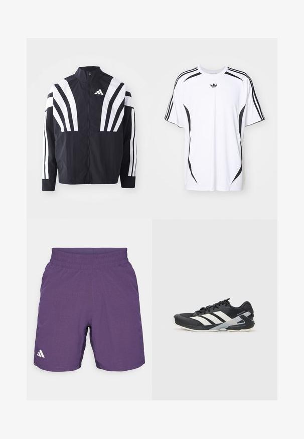 Zwarte jasje met een hoge kraag, volledige rits en gedurfde witte diagonale strepen op de mouwen. Gemaakt van lichtgewicht stof met een gladde textuur.; Witte t-shirt met korte mouwen, voorzien van zwarte zijaccenten en drie zwarte strepen op de schouders. Inclusief klein zwart logo op de borst.; Paarse sportshorts gemaakt van lichtgewicht stof, met een elastische tailleband en een wit accentlogo op het onderste linkerbeen.; Zwarte sportschoen met witte strepen, bovenwerk van mesh, ronde neus en geveerde zool. Heeft een getextureerde hak en een veilig vetersysteem.