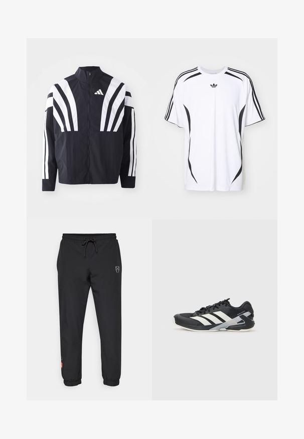 Fekete dzseki magas gallérral, teljes cipzárral és merész, fehér, átlós csíkokkal az ujjakon. Könnyű anyagból készült, sima tapintással.; Fehér, rövid ujjú póló fekete oldalsó kiegészítőkkel és három fekete csíkkal a vállakon. Kis fekete logóval a mellkason.; Fekete sportos nadrág könnyű anyagból, rugalmas derékkal és zsinórral, szűkülő szárakkal és logó részletekkel elöl.; Fekete sportcipő fehér csíkokkal, hálós felsőrész, kerek orr és párnázott talp. Texturált sarokkal és biztonságos fűzőrendszerrel rendelkezik.