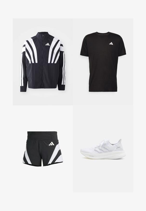 Čierna bunda s vysokým golierom, plným zipsom a výraznými bielymi diagonálnymi pruhmi na rukávoch. Vyrobená z ľahkého materiálu s hladkou textúrou.; Čierne bavlnené tričko s krátkymi rukávmi, klasickým výstrihom a bielym logom na ľavej strane hrude. Hladká textúra a jednoduchý dizajn.; adidas Performance ADIZERO A M - Športové šortky - black; Biele bežecké topánky s textúrovaným pleteným zvrškom, tromi diagonálnymi pruhmi s logom a podpisovou podrážkou s označením "Light Boost."