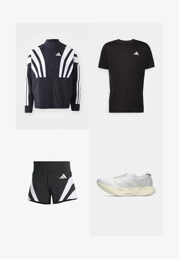 Černá bunda s vysokým límcem, plným zipem a výraznými bílými šikmými pruhy na rukávech. Vyrobena z lehké látky s hladkou texturou.; Černé bavlněné tričko s krátkým rukávem, kulatým výstřihem a bílým logem na levé hrudi. Hladká textura a jednoduchý design.; adidas Performance ADIZERO A M - Sportovní kraťasy - black; Lehká bílá a šedá běžecká obuv s silnou podrážkou označenou "Lightstrike Pro", s tkaničkovým zapínáním a minimalistickým designem.