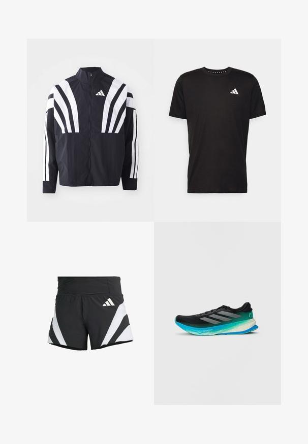 Čierna bunda s vysokým golierom, plným zipsom a výraznými bielymi diagonálnymi pruhmi na rukávoch. Vyrobená z ľahkého materiálu s hladkou textúrou.; Čierne bavlnené tričko s krátkymi rukávmi, klasickým výstrihom a bielym logom na ľavej strane hrude. Hladká textúra a jednoduchý dizajn.; adidas Performance ADIZERO A M - Športové šortky - black; Čierne bežecké topánky s gradientovou akvamarínovou podrážkou, sieťovaným zvrškom a tromi striebornými pruhmi na boku. Ľahká konštrukcia s textúrovaným povrchom.
