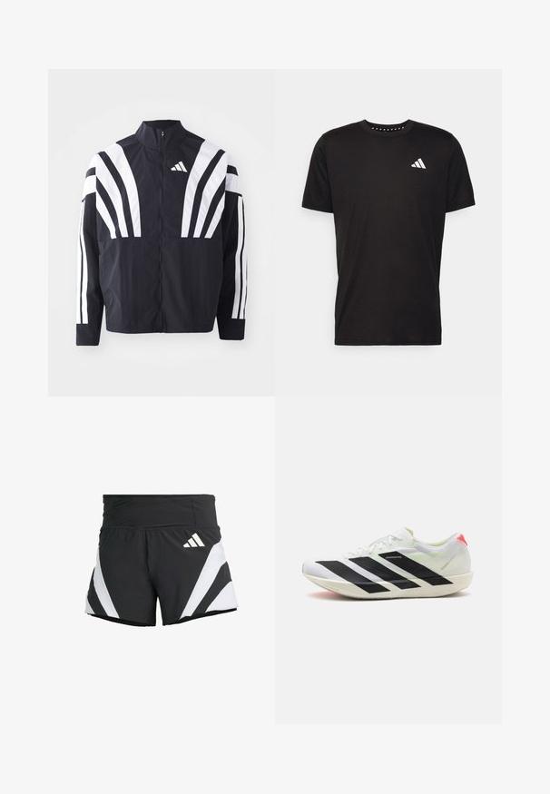 Veste noire avec un col montant, fermeture éclair sur toute la longueur et de larges rayures blanches diagonales sur les manches. Fabriquée en tissu léger avec une texture lisse.; T-shirt en coton noir à manches courtes, décolleté rond et logo blanc sur la poitrine gauche. Texture lisse et design simple.; adidas Performance ADIZERO A M - Short de sport - black; Chaussure de sport blanche avec des rayures diagonales noires, en matière en maille légère, accents verts et contrefort rouge ; présente un design élégant et allongé.
