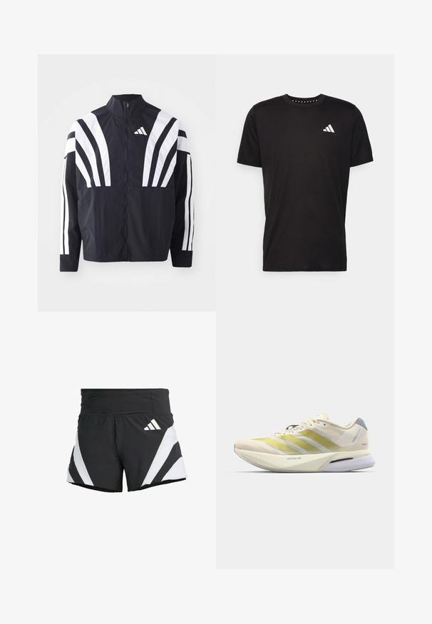Svart jakke med høy krage, hel glidelås og markante hvite skråstriper på ermene. Laget av lett stoff med en glatt tekstur.; Svart bomulls t-skjorte med korte ermer, rund hals og en hvit logo på venstre bryst. Glatt tekstur og enkelt design.; adidas Performance ADIZERO A M - Sports shorts - black; Løpesko med et lett, kremfarget mesh-overdel som har gule striper, en polstret hvit mellomsåle og en grå hælaksent.