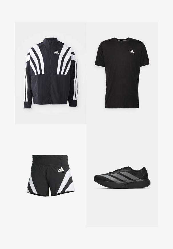 Schwarze Jacke mit hohem Kragen, durchgehendem Reißverschluss und kräftigen weißen diagonalen Streifen an den Ärmeln. Aus leichtem Stoff mit glatter Textur gefertigt.; Schwarzes Baumwoll-T-Shirt mit kurzen Ärmeln, Rundhalsausschnitt und einem weißen Logo auf der linken Brust. Glatte Textur und einfaches Design.; adidas Performance ADIZERO A M - Kurze Sporthose - black; Schwarze Sportschuhe mit einem leichten Design, ausgestattet mit drei auffälligen grauen Streifen, einer glatten Textur und einer konturierten Sohle.