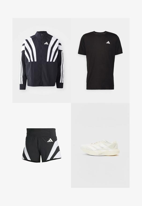 Black jacket featuring a high collar, full zip, and bold white diagonal stripes on sleeves. Made from lightweight fabric with a smooth texture.; Black cotton t-shirt with short sleeves, crew neckline, and a white logo on the left chest. Smooth texture and simple design.; adidas Performance ADIZERO A M - Sports shorts - black; White athletic shoe with mesh upper, featuring three white stripes, a rounded toe, and a light-colored sole labeled "LIGHTSTRIKE PRO."