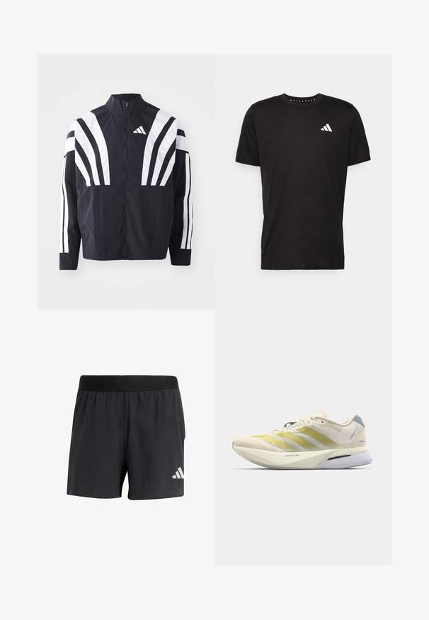 Black jacket featuring a high collar, full zip, and bold white diagonal stripes on sleeves. Made from lightweight fabric with a smooth texture.; Black cotton t-shirt with short sleeves, crew neckline, and a white logo on the left chest. Smooth texture and simple design.; Black athletic shorts with an elastic waistband, featuring a smooth texture and a reflective white logo on the lower left side.; Running shoe with a lightweight, cream mesh upper featuring yellow stripes, a cushioned white midsole, and a gray heel accent.