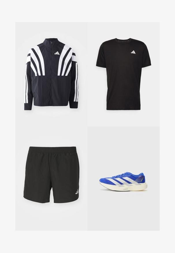 Juodas švarkas su aukštu kaklu, pilnu užtrauktuku ir ryškiomis baltomis įstrižomis juostelėmis ant rankovių. Pagamintas iš lengvos medžiagos su lygiu paviršiumi.; Juodas medvilnės marškinėliai trumpomis rankovėmis, su apvalia iškirpte ir balta logo kairiajame krūtinės šone. Lygus tekstūra ir paprastas dizainas.; Juodi sportiniai šortai su elastinga juosmena, šoninėmis plyšiais ir atspindinčiais logotipais. Pagaminti iš lengvos, lygaus audinio.; Mėlynos bėgimo bateliai su tinklelio viršumi, ryškiais baltais juostelėmis ir tekstūruotu padu. Papuošti žaliais ir pilkais akcentais.