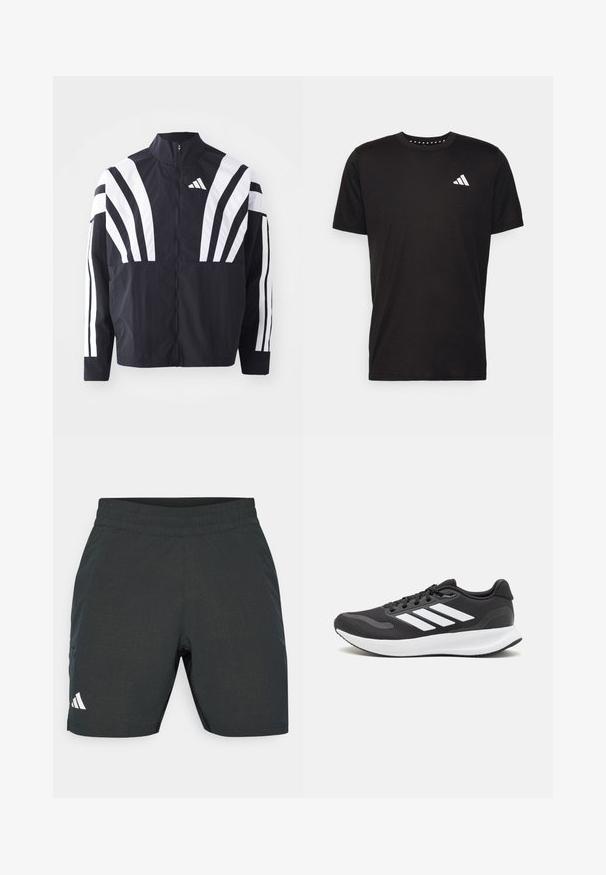 Black jacket featuring a high collar, full zip, and bold white diagonal stripes on sleeves. Made from lightweight fabric with a smooth texture.; Black cotton t-shirt with short sleeves, crew neckline, and a white logo on the left chest. Smooth texture and simple design.; Black athletic shorts with a textured pattern, elastic waistband, and side pockets. Features a white logo on the lower left side.; Black athletic shoe with breathable mesh upper, white accents, and a cushioned sole. Features three stripes logo on the side.