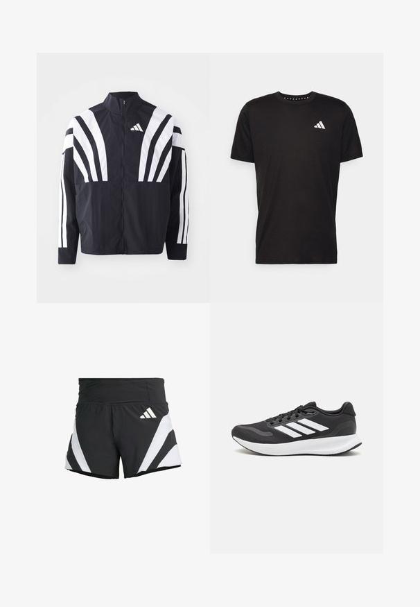 Čierna bunda s vysokým golierom, plným zipsom a výraznými bielymi diagonálnymi pruhmi na rukávoch. Vyrobená z ľahkého materiálu s hladkou textúrou.; Čierne bavlnené tričko s krátkymi rukávmi, klasickým výstrihom a bielym logom na ľavej strane hrude. Hladká textúra a jednoduchý dizajn.; adidas Performance ADIZERO A M - Športové šortky - black; Čierna športová obuv s priedušným sieťovaným zvrškom, bielymi akcentmi a polstrovanou podrážkou. Na bočnej strane sa nachádza logo so tromi pruhmi.