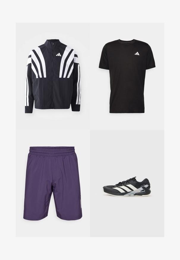 Black jacket featuring a high collar, full zip, and bold white diagonal stripes on sleeves. Made from lightweight fabric with a smooth texture.; Black cotton t-shirt with short sleeves, crew neckline, and a white logo on the left chest. Smooth texture and simple design.; Purple athletic shorts with an elastic waistband, smooth texture, and side accents. Features a mid-thigh length and simple design.; Black athletic shoe with white stripes, mesh upper, rounded toe, and cushioned sole. Features a textured heel and secure lacing system.