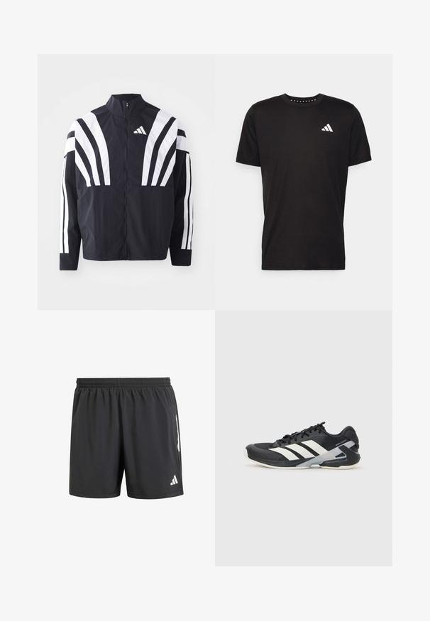 Černá bunda s vysokým límcem, plným zipem a výraznými bílými šikmými pruhy na rukávech. Vyrobena z lehké látky s hladkou texturou.; Černé bavlněné tričko s krátkým rukávem, kulatým výstřihem a bílým logem na levé hrudi. Hladká textura a jednoduchý design.; Černé sportovní šortky s elastickým pasem, krátkým rozparkem a bílými logo akcenty na bocích. Vyrobeno z lehkého materiálu.; Černá sportovní obuv s bílými pruhy, síťovaným svrškem, zaoblenou špičkou a polstrovanou podrážkou. Obsahuje texturovanou patu a bezpečný systém šněrování.
