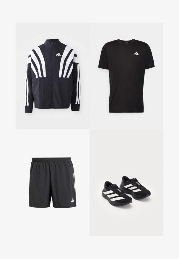 Melna jakas ar augstu apkakli, pilnu rāvējslēdzēju un drosmīgām baltām diagonālām svītrām uz piedurknēm. Izgatavota no viegla auduma ar gludu tekstūru.; Melna kokvilnas t-krekls ar īsām piedurknēm, apaļu dekoltē un balto logo uz kreisā krūts. Gluda tekstūra un vienkāršs dizains.; Melni sporta šorti ar elastīgu jostasvietu, īsu iekšējo šuvju garumu un baltām logotipa akcentiem sānos. Izgatavoti no viegla auduma.; Melna Adidas Adizero skriešanas apavu pāris ar baltām svītrām un auklām uz baltā fona, izvietoti blakus.