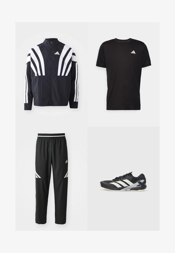 Black jacket featuring a high collar, full zip, and bold white diagonal stripes on sleeves. Made from lightweight fabric with a smooth texture.; Black cotton t-shirt with short sleeves, crew neckline, and a white logo on the left chest. Smooth texture and simple design.; Black Adidas basketball pants with white stripes on thighs and an elastic waistband with black and white pattern.; Black athletic shoe with white stripes, mesh upper, rounded toe, and cushioned sole. Features a textured heel and secure lacing system.