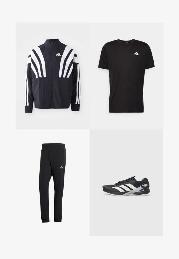 Black jacket featuring a high collar, full zip, and bold white diagonal stripes on sleeves. Made from lightweight fabric with a smooth texture.; Black cotton t-shirt with short sleeves, crew neckline, and a white logo on the left chest. Smooth texture and simple design.; Black athletic pants with a tapered fit, made of smooth fabric. Features side pockets and a reflective logo on the upper left thigh.; Black athletic shoe with white stripes, mesh upper, rounded toe, and cushioned sole. Features a textured heel and secure lacing system.