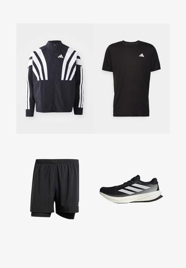 Čierna bunda s vysokým golierom, plným zipsom a výraznými bielymi diagonálnymi pruhmi na rukávoch. Vyrobená z ľahkého materiálu s hladkou textúrou.; Čierne bavlnené tričko s krátkymi rukávmi, klasickým výstrihom a bielym logom na ľavej strane hrude. Hladká textúra a jednoduchý dizajn.; Čierne športové šortky s elastickým pásom, vnútornou podšívkou a malým logom na boku. Ľahký materiál a voľný strih.; Čierna atletická topánka s dizajnom z mriežky, s bielymi prúžkami, zaoblenou špičkou a textúrovanou podrážkou pre lepšiu priľnavosť a podporu.