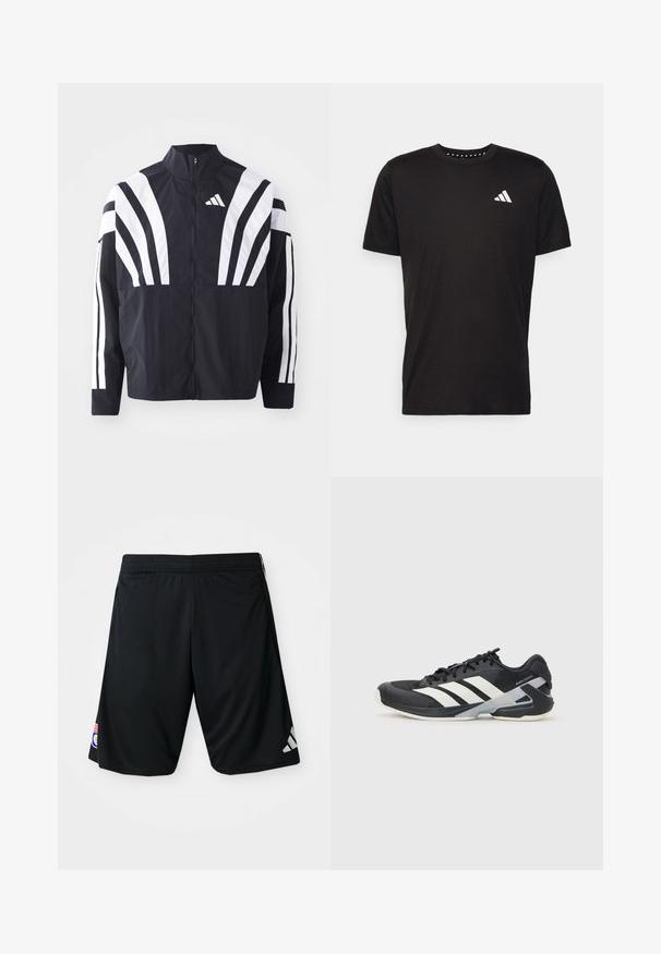 Juodas švarkas su aukštu kaklu, pilnu užtrauktuku ir ryškiomis baltomis įstrižomis juostelėmis ant rankovių. Pagamintas iš lengvos medžiagos su lygiu paviršiumi.; Juodas medvilnės marškinėliai trumpomis rankovėmis, su apvalia iškirpte ir balta logo kairiajame krūtinės šone. Lygus tekstūra ir paprastas dizainas.; Juodi sportiniai šortai, pagaminti iš lygaus, lengvo audinio. Savybės: elastinga juosmens linija, pilkos spalvos Adidas logotipas ir pleistras šone.; Juoda sportinė avalynė su baltais dryžiais, tinklinis viršus, apvalus pirštas ir paminkštinta padais. Yra tekstūruota kulno dalis ir saugi raištelių sistema.