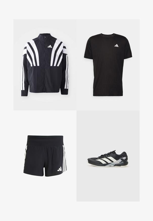 Giacca nera con colletto alto, zip completa e audaci strisce diagonali bianche sulle maniche. Realizzata in tessuto leggero con una texture morbida.; T-shirt in cotone nero con maniche corte, scollo rotondo e logo bianco sul lato sinistro del petto. Texture liscia e design semplice.; Pantaloni sportivi neri realizzati in tessuto testurizzato, con una vita ampia e tre strisce bianche verticali sui lati. Logo adidas sull'orlo.; Scarpa sportiva nera con strisce bianche, tomaia in rete, punta arrotondata e suola ammortizzata. Presenta un tallone testurizzato e un sistema di allacciatura sicuro.