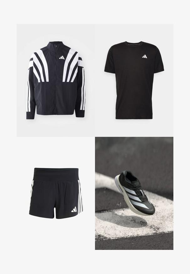 Sort jakke med højt krave, fuld lynlås og iøjnefaldende hvide diagonale striber på ærmerne. Lavet af letvægtsstof med en glat tekstur.; Sort bomulds T-shirt med korte ærmer, rund hals og et hvidt logo på venstre bryst. Glat tekstur og enkelt design.; Sorte atletiske shorts med et tekstureret stof, der har en bred elastisk talje og tre lodrette hvide striber på siderne. adidas-logo på kanten.; Sort sportssko med tre hvide striber, tekstureret overdel, slankt design og en buet sål, placeret over en hvid linje på asfalt.