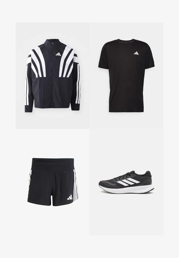Svart jacka med hög krage, full dragkedja och djärva vita diagonala ränder på ärmarna. Tillverkad av lätt tyg med en slät struktur.; Svart bomullströja med korta ärmar, rundad halsringning och en vit logotyp på vänster bröst. Slät textur och enkelt design.; Svarta träningsshorts i texturerat material, med en bred midja och tre vertikala vita ränder på sidorna. adidas-logotyp på fållen.; Svart atletisk sko med andningsbar mesh-överdel, vita detaljer och en dämpad sula. Har tre ränder logo på sidan.