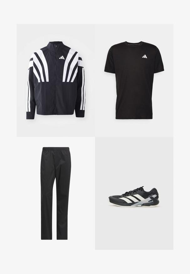 Mustat takki, jossa on korkea kaulus, täysivetoketju ja erittäin näkyvät valkoiset vinoraidat hihoissa. Valmistettu keveästä kankaasta, jolla on sileä rakenne.; Musta puuvillapaita lyhyillä hihoilla, pyöreä pääntie ja valkoinen logo vasemmassa rinnassa. Sujuva rakenne ja yksinkertainen muotoilu.; Mustat vedenpitävät housut suoranlahkeisella muotoilulla, elastisella vyötäröllä ja sileällä, kevyellä tekstuurilla. Ei näkyviä taskuja tai yksityiskohtia.; Mustat urheilukengät valkoisilla raidoilla, verkkomateriaalia ylhäällä, pyöristetty kärki ja pehmustettu pohja. Varustettu teksturoidulla kantapäällä ja turvallisella nauhoitusjärjestelmällä.