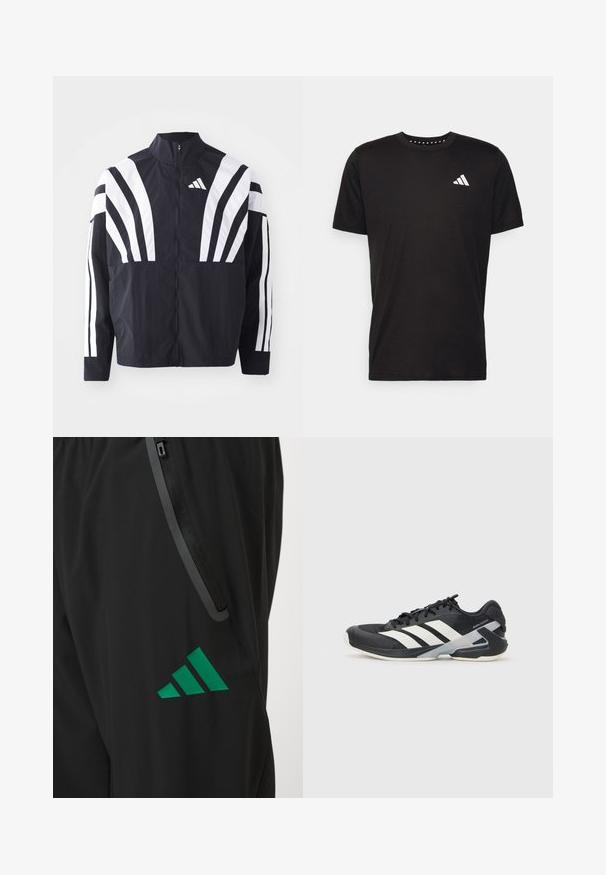 Sort jakke med højt krave, fuld lynlås og iøjnefaldende hvide diagonale striber på ærmerne. Lavet af letvægtsstof med en glat tekstur.; Sort bomulds T-shirt med korte ærmer, rund hals og et hvidt logo på venstre bryst. Glat tekstur og enkelt design.; Sorte træningsbukser lavet af glat stof, med et grønt Adidas-logo og en lomme med lynlås og kontrastkanter.; Sort sportsko med hvide striber, mesh-overdel, rund tå og dæmpet sål. Har en tekstureret hæl og et sikkert snøresystem.