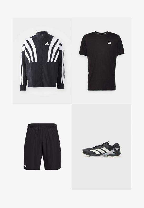 Black jacket featuring a high collar, full zip, and bold white diagonal stripes on sleeves. Made from lightweight fabric with a smooth texture.; Black cotton t-shirt with short sleeves, crew neckline, and a white logo on the left chest. Smooth texture and simple design.; Black athletic shorts with an elastic waistband. Made from lightweight fabric, featuring a subtle texture and a small white logo accent.; Black athletic shoe with white stripes, mesh upper, rounded toe, and cushioned sole. Features a textured heel and secure lacing system.