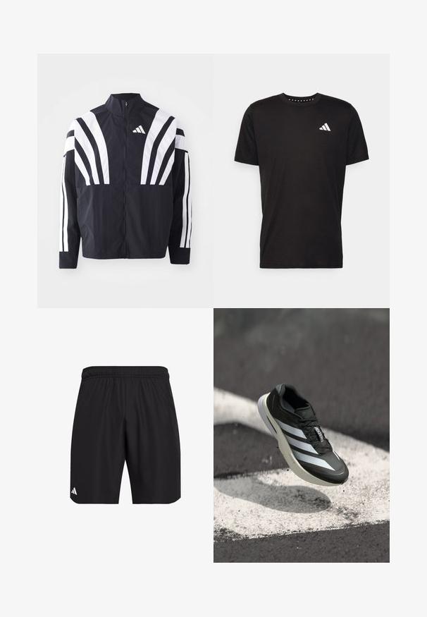 Mustat takki, jossa on korkea kaulus, täysivetoketju ja erittäin näkyvät valkoiset vinoraidat hihoissa. Valmistettu keveästä kankaasta, jolla on sileä rakenne.; Musta puuvillapaita lyhyillä hihoilla, pyöreä pääntie ja valkoinen logo vasemmassa rinnassa. Sujuva rakenne ja yksinkertainen muotoilu.; Mustat urheilushortsit, joissa on joustava vyötärö. Valmistettu kevyestä kankaasta, jossa on hienovarainen rakenne ja pieni valkoinen logo.; Mustat urheilukengät, joissa on kolme valkoista raitaa, tekstuuripinta, tyylikäs muotoilu ja kaareva pohja, asetettuna valkoisen viivan ylle asfaltilla.