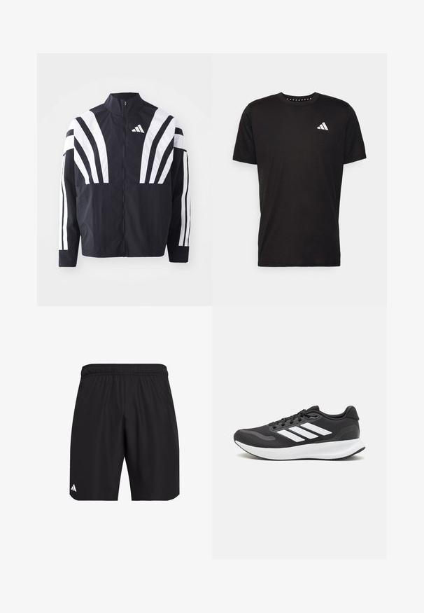 Černá bunda s vysokým límcem, plným zipem a výraznými bílými šikmými pruhy na rukávech. Vyrobena z lehké látky s hladkou texturou.; Černé bavlněné tričko s krátkým rukávem, kulatým výstřihem a bílým logem na levé hrudi. Hladká textura a jednoduchý design.; Černé sportovní šortky s elastickým pasem. Vyrobené z lehkého materiálu, s jemnou texturou a malým bílým logem.; Černá sportovní obuv s prodyšným síťovaným svrškem, bílými akcenty a polstrovanou podrážkou. Na boku se nachází logo se třemi pruhy.