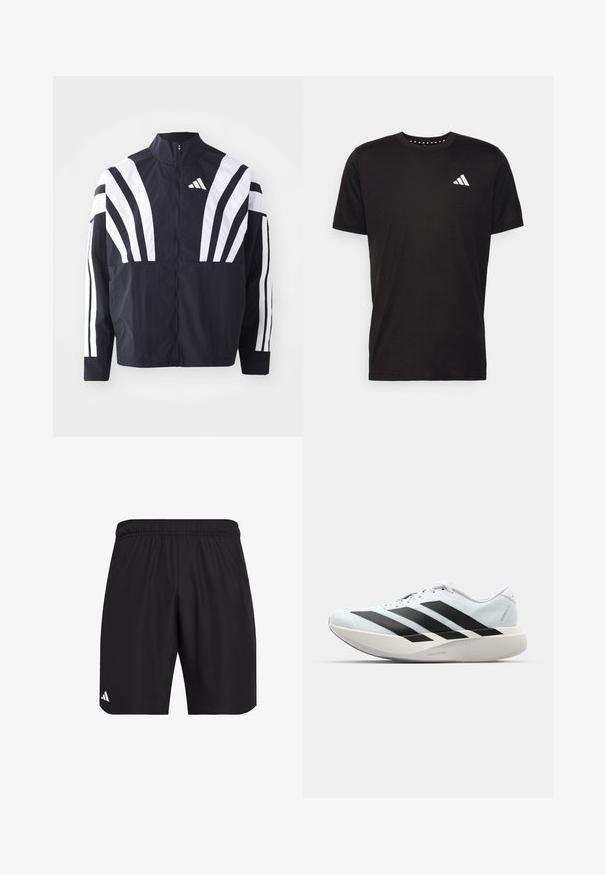 Svart jakke med høy krage, hel glidelås og markante hvite skråstriper på ermene. Laget av lett stoff med en glatt tekstur.; Svart bomulls t-skjorte med korte ermer, rund hals og en hvit logo på venstre bryst. Glatt tekstur og enkelt design.; Sorte treningsshorts med elastisk midjebånd. Laget av lett stoff med en subtil tekstur og en liten hvit logo som aksent.; Lette løpesko i lys blå med svarte striper. Har en myk overdel, rund tå og tykk hvit mellomsole merket "LIGHTSTRIKE PRO."