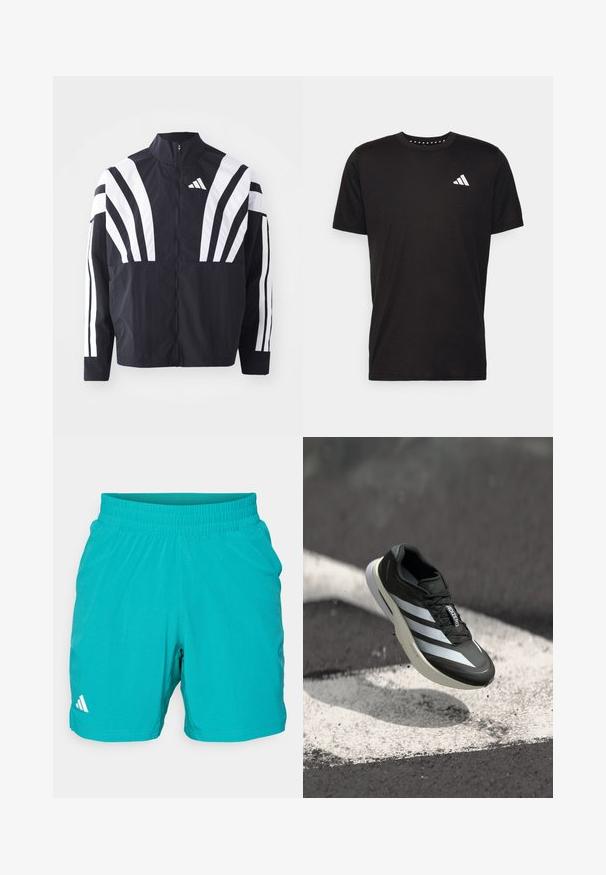 Fekete dzseki magas gallérral, teljes cipzárral és merész, fehér, átlós csíkokkal az ujjakon. Könnyű anyagból készült, sima tapintással.; Fekete pamut póló rövid ujjal, kerek nyakkivágással, bal mellrészen fehér logóval. Sima textúra és egyszerű dizájn.; Türkiz sportnadrág, rugalmas derékkal és textúrált mintázattal. A bal alsó oldalon fehér logó található.; Fekete sportcipő, három fehér csíkkal, texturált felsőrész, elegáns dizájn és ívelt talp, egy fehér vonal felett aszfalton elhelyezve.