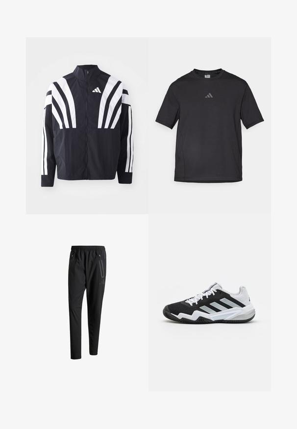 Mustat takki, jossa on korkea kaulus, täysivetoketju ja erittäin näkyvät valkoiset vinoraidat hihoissa. Valmistettu keveästä kankaasta, jolla on sileä rakenne.; Musta urheilupaita, joka on valmistettu hengittävästä materiaalista, jossa on lyhyet hihat, pyöreä kaula-aukko ja heijastava logo rinnassa.; Mustat urheiluhousut, joissa on joustava vyötärö, kaksi vetoketjullista sivutaskua, kapenevat lahkeet ja hillitty logokuvaus lonkalla.; Mustat ja valkoiset urheilukengät, joissa on teksturoitu verkkopäällinen, kumipohja ja kolme hopeista korostusraitaa sivulla.